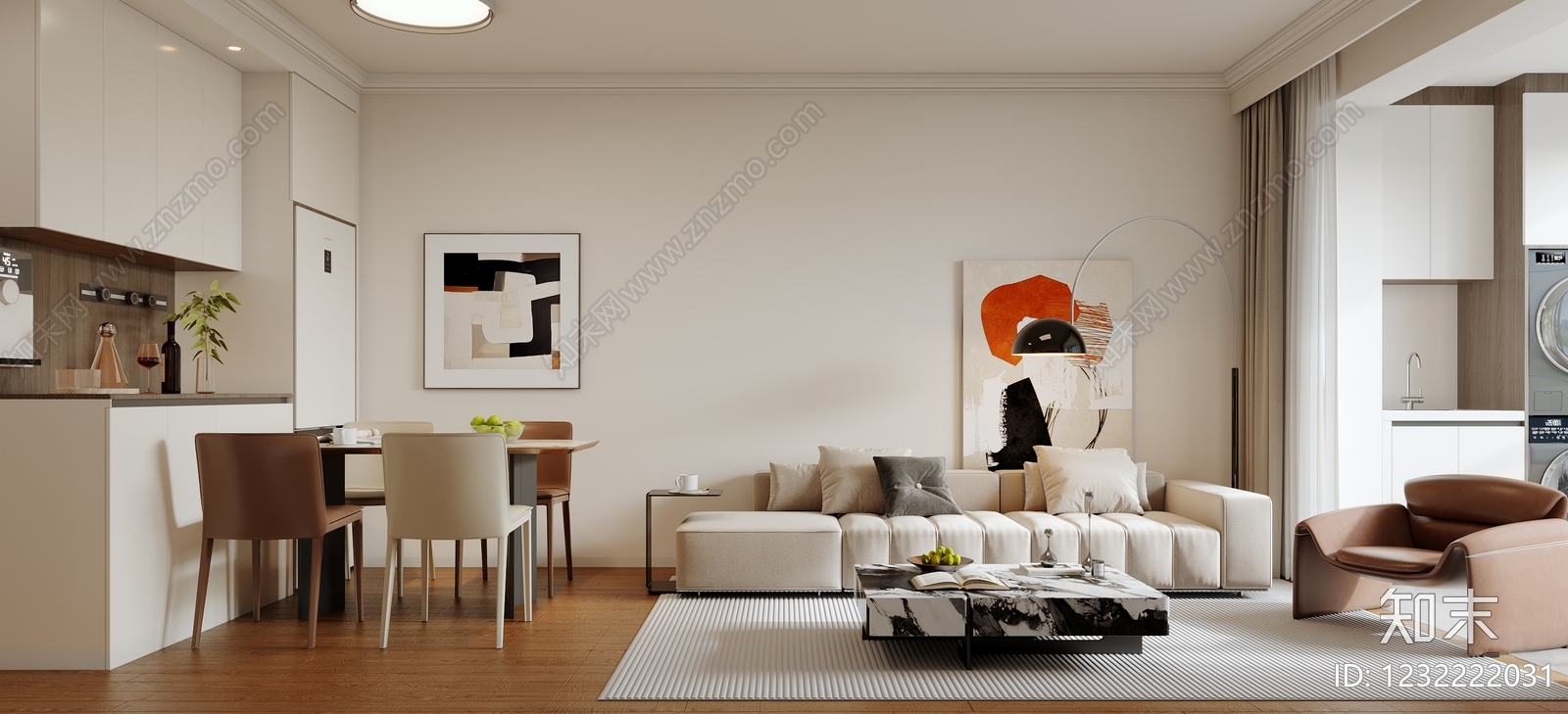 现代简约别墅客餐厅3D模型下载【ID:1232222031】