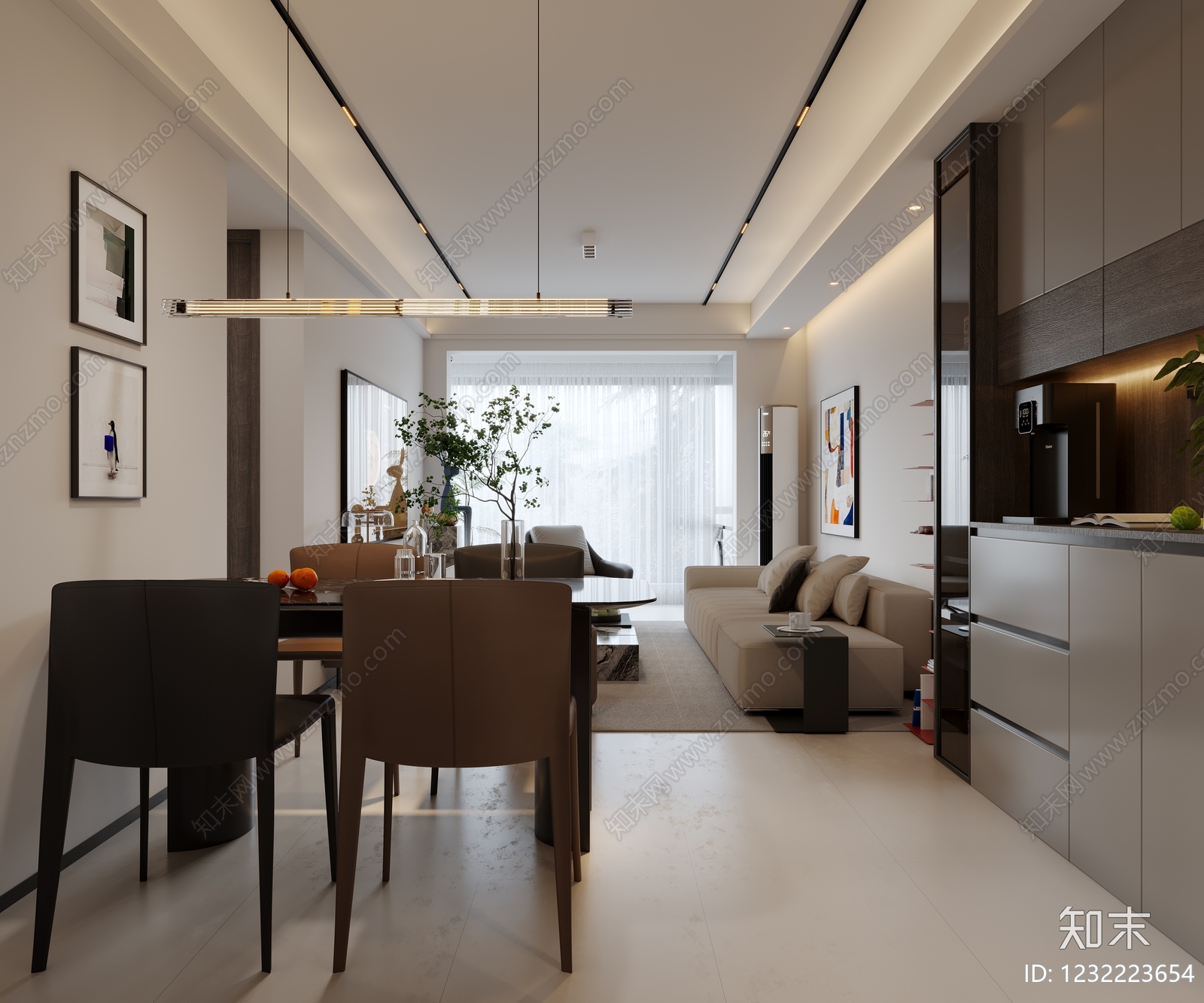 现代简约别墅客餐厅3D模型下载【ID:1232223654】