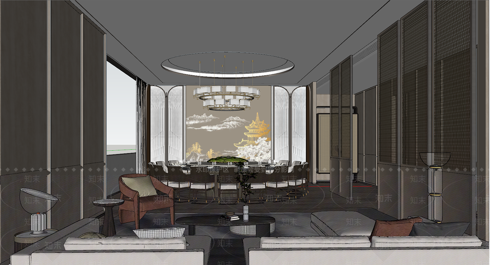 新中式包厢SU模型下载【ID:1232228960】
