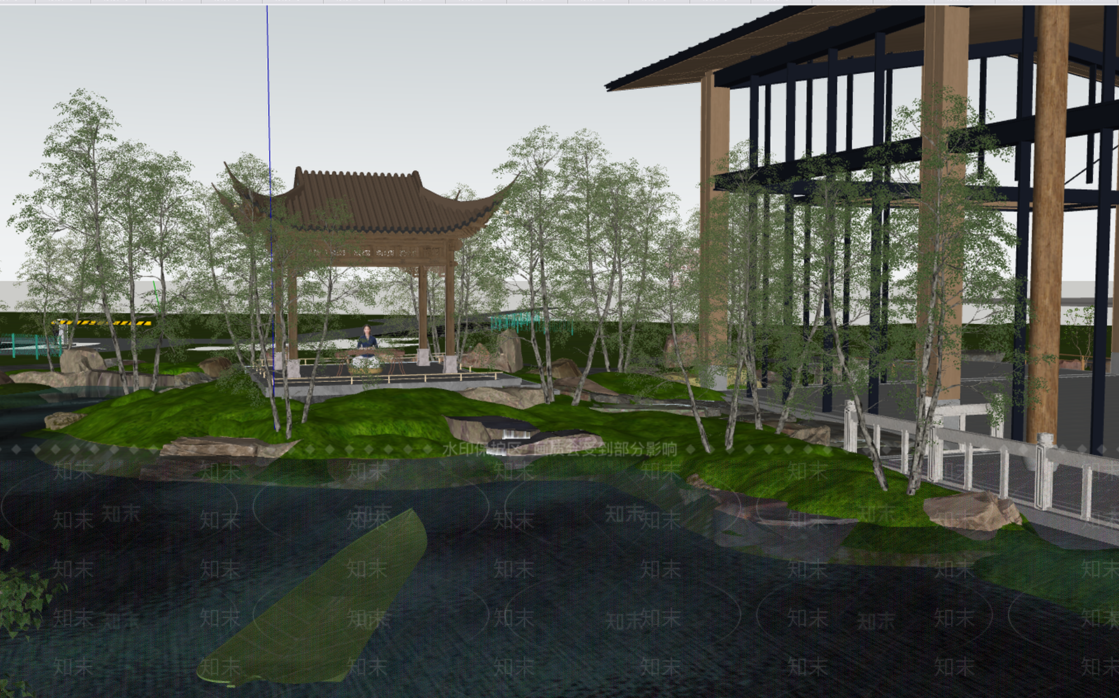 新中式景观滨水景观SU模型下载【ID:1232230412】