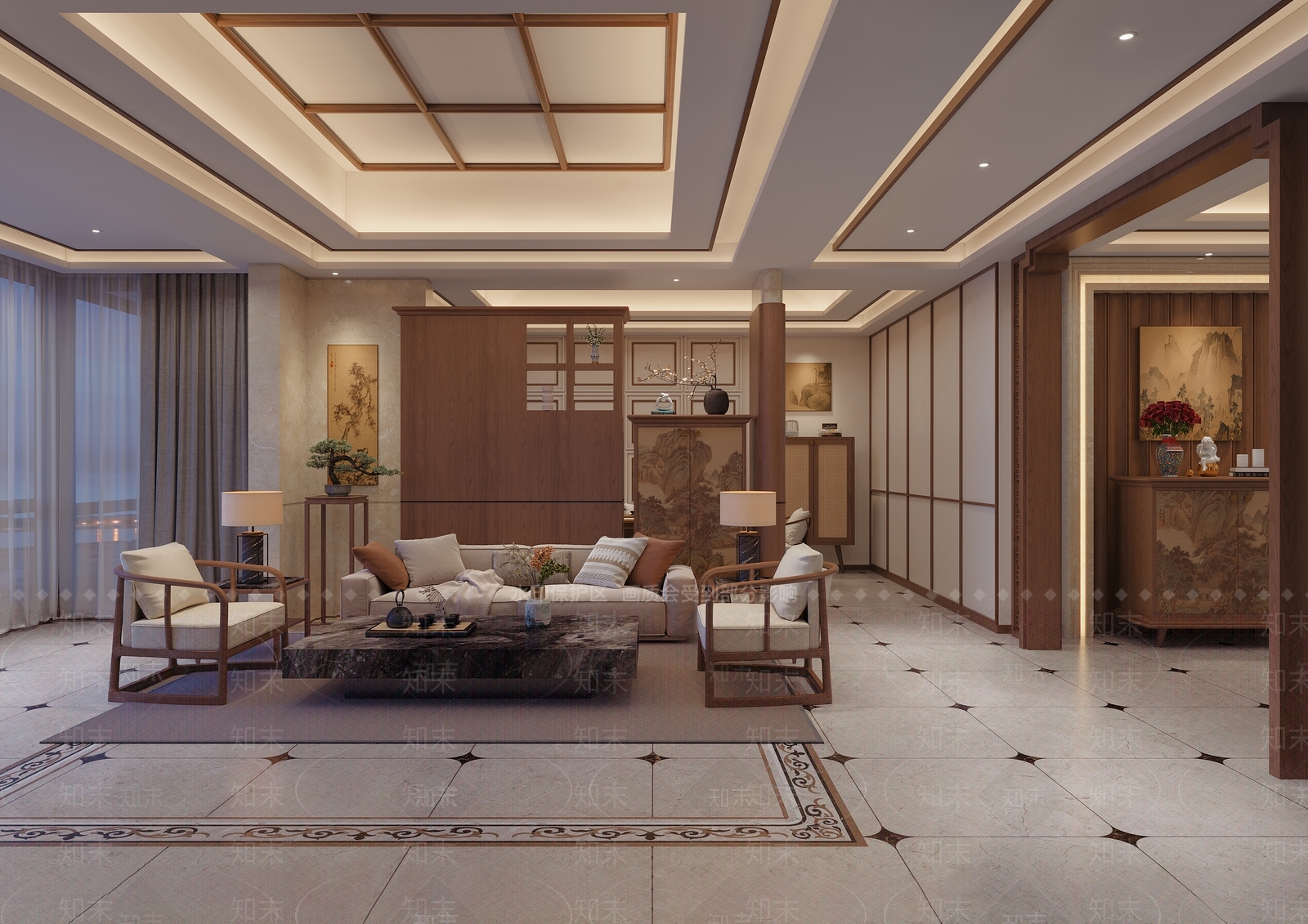 新中式宋式客餐厅3D模型下载【ID:1232232560】
