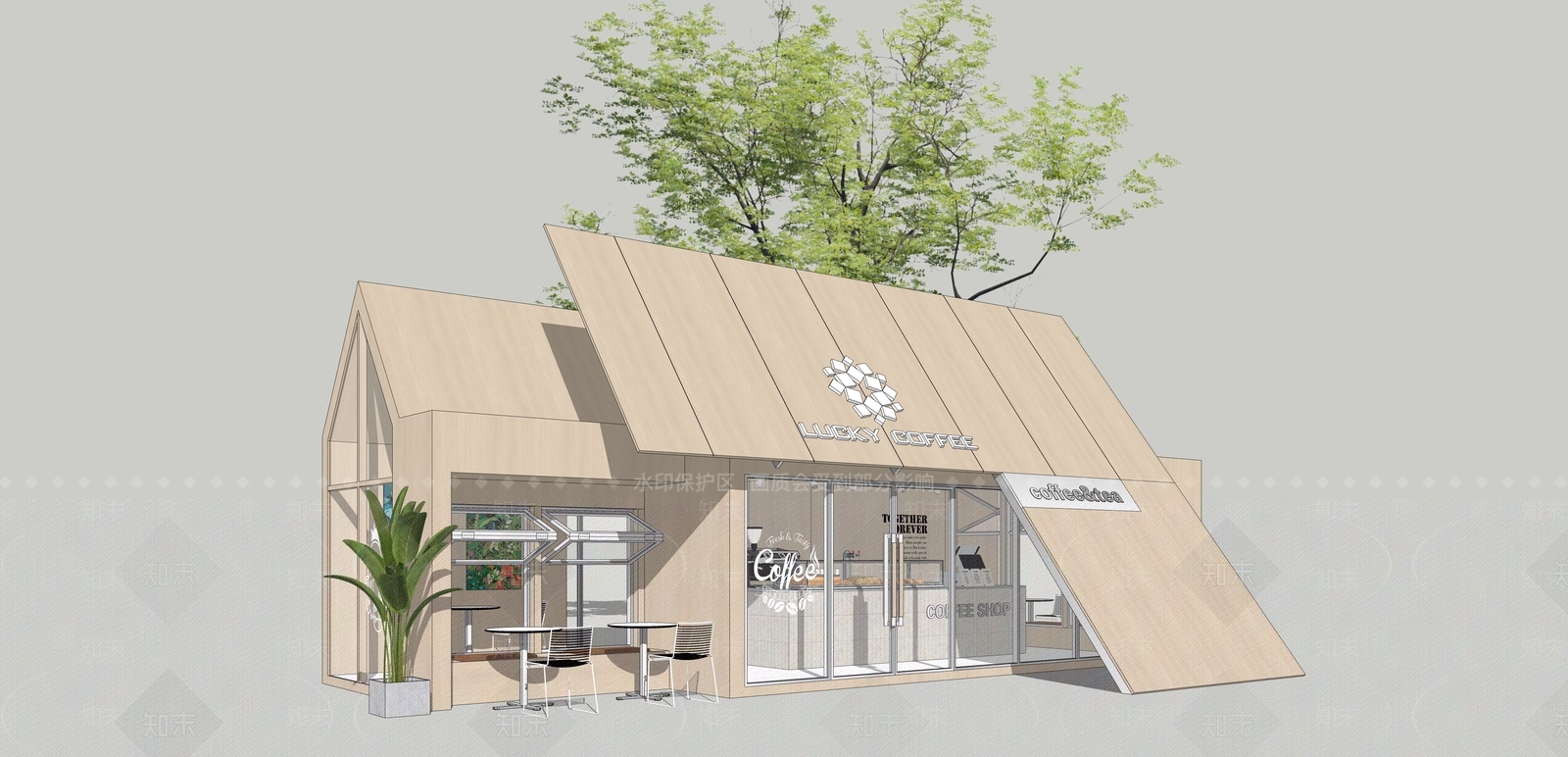 原木风餐饮建筑SU模型下载【ID:1232240941】