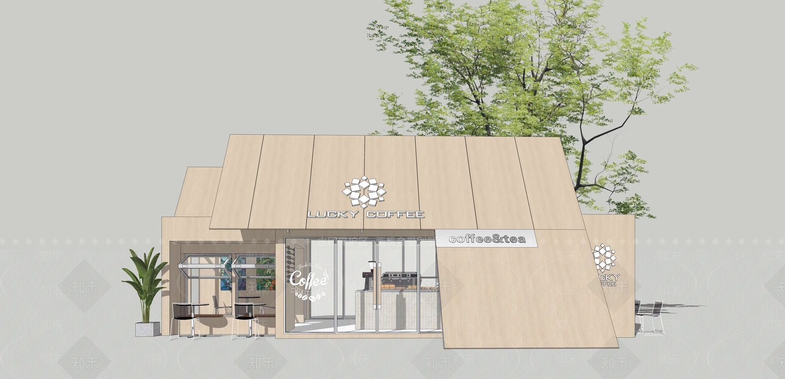 原木风餐饮建筑SU模型下载【ID:1232240941】