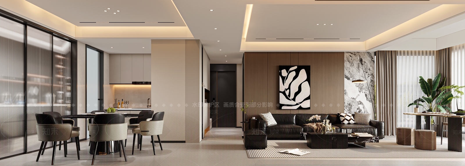 现代简约大平层客餐厅3D模型下载【ID:1232246690】