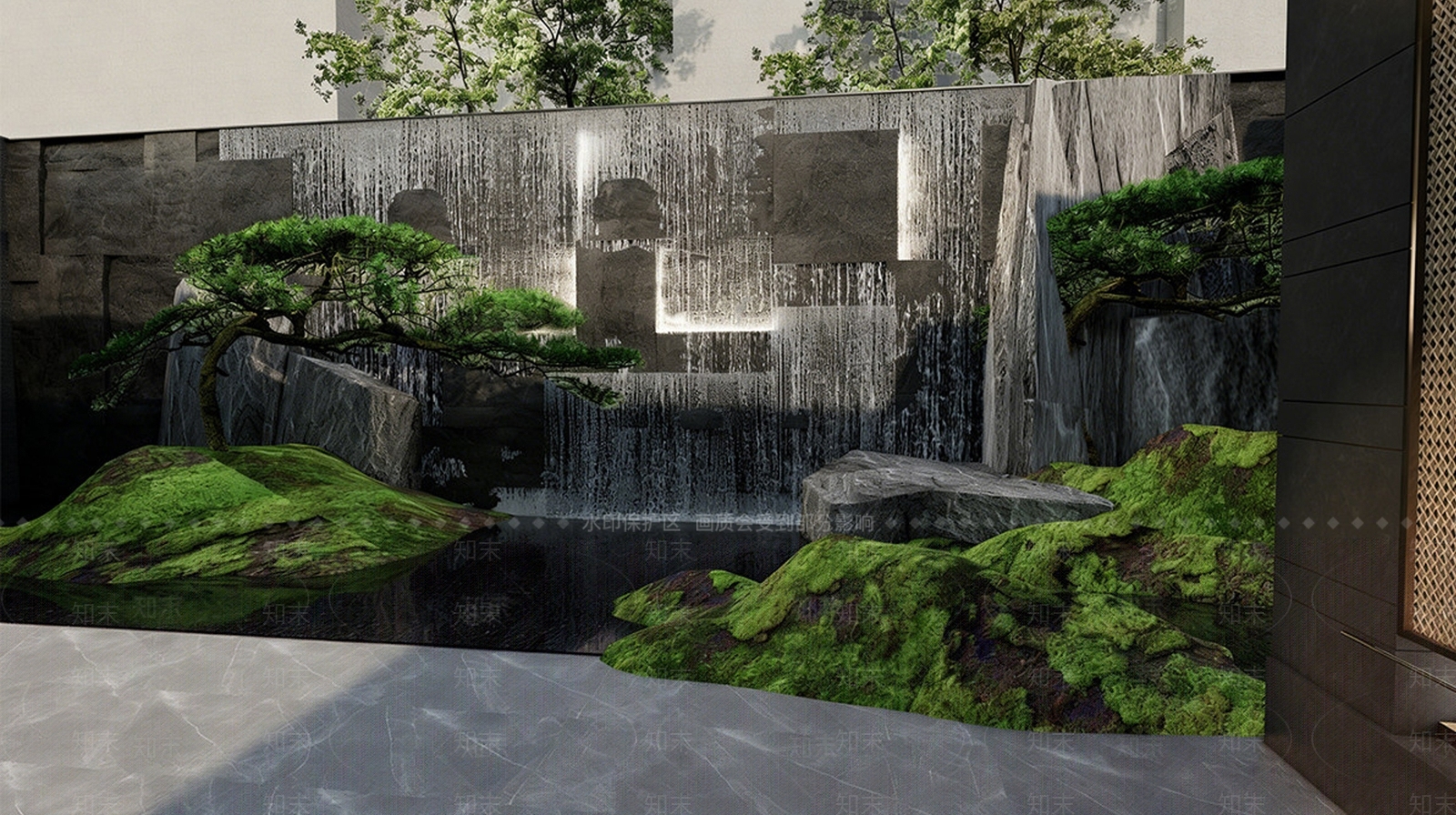 新中式景观景观水墙SU模型下载【ID:1232257262】