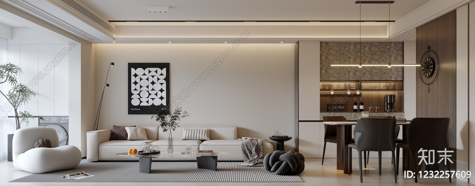 现代简约大平层客餐厅3D模型下载【ID:1232257609】