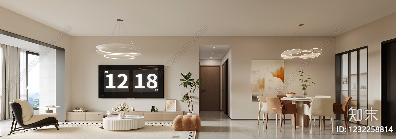 现代简约大平层客餐厅3D模型下载【ID:1232258814】