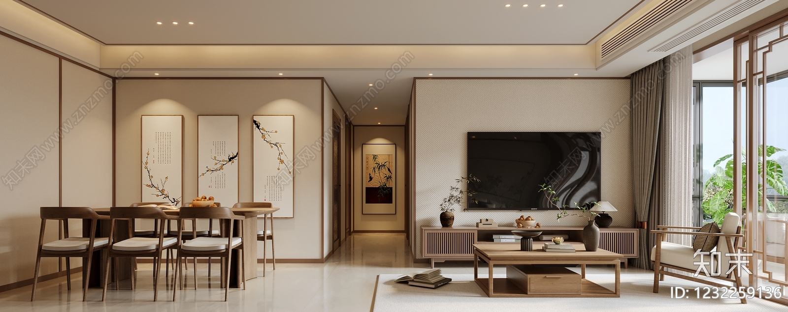 新中式宋式客餐厅3D模型下载【ID:1232259136】