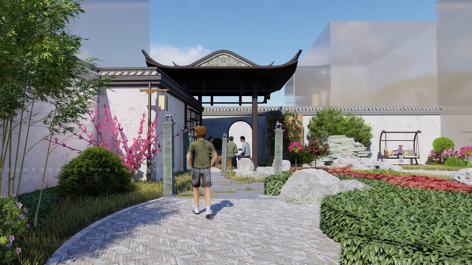 新中式景观庭院小品SU模型下载【ID:1232263283】