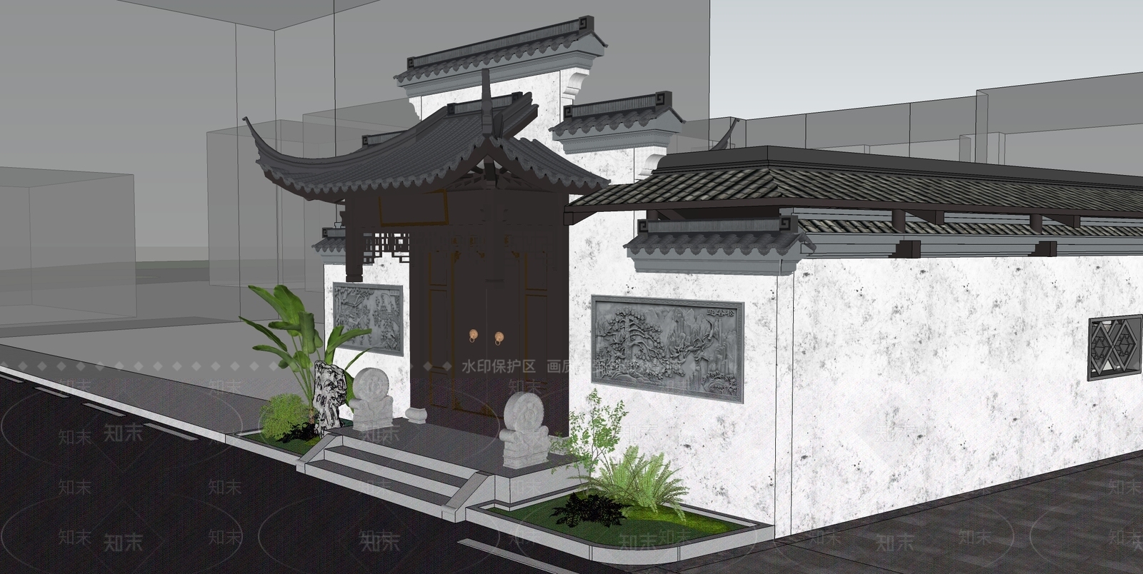 中式古建入口大门SU模型下载【ID:1232264336】