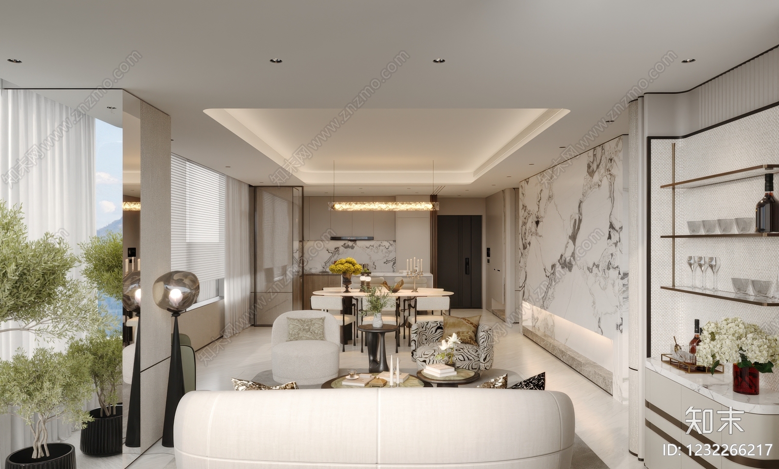 轻奢大平层客餐厅3D模型下载【ID:1232266217】