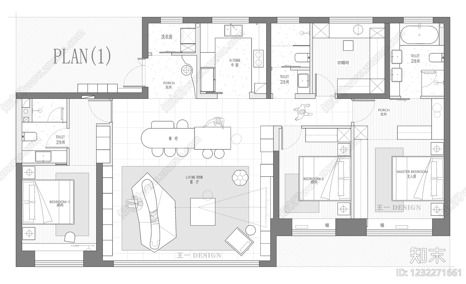 小户型平层cad施工图下载【ID:1232271661】