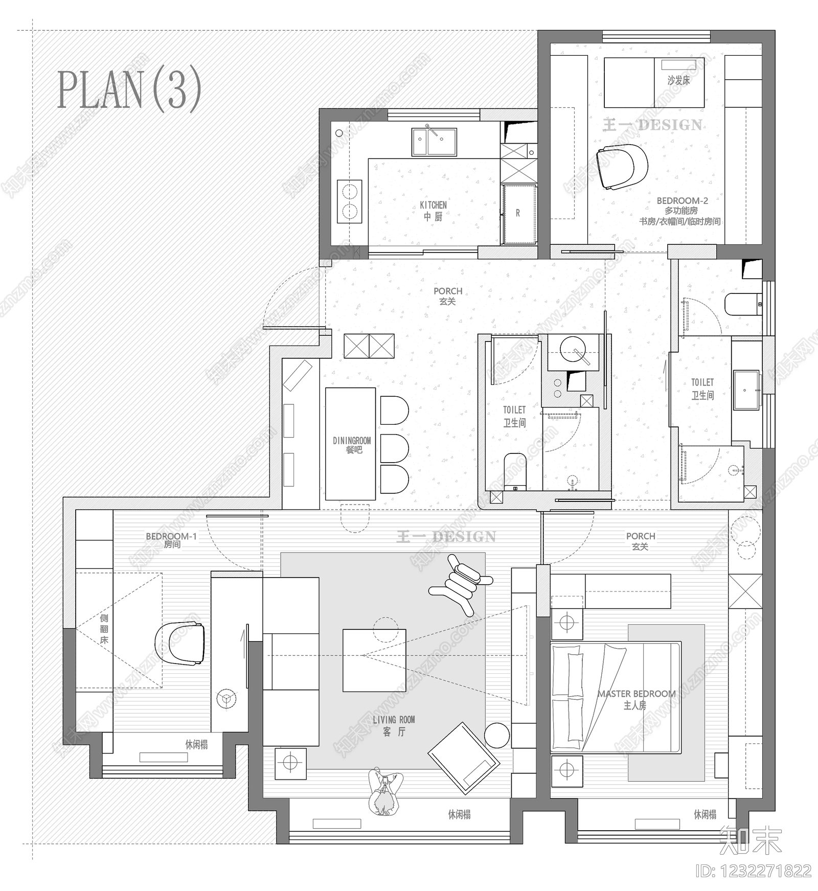 小户型平层cad施工图下载【ID:1232271822】
