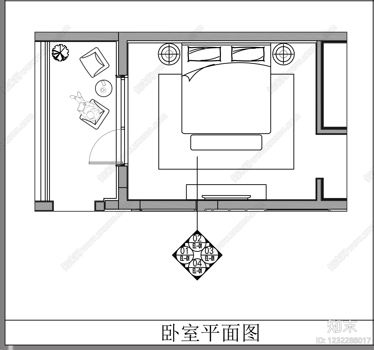 卧室cad施工图下载【ID:1232288017】