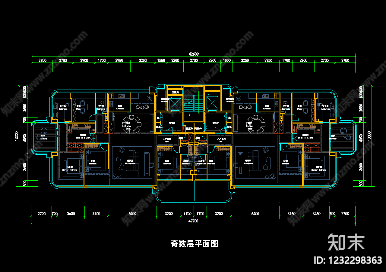 一梯两户cad施工图下载【ID:1232298363】