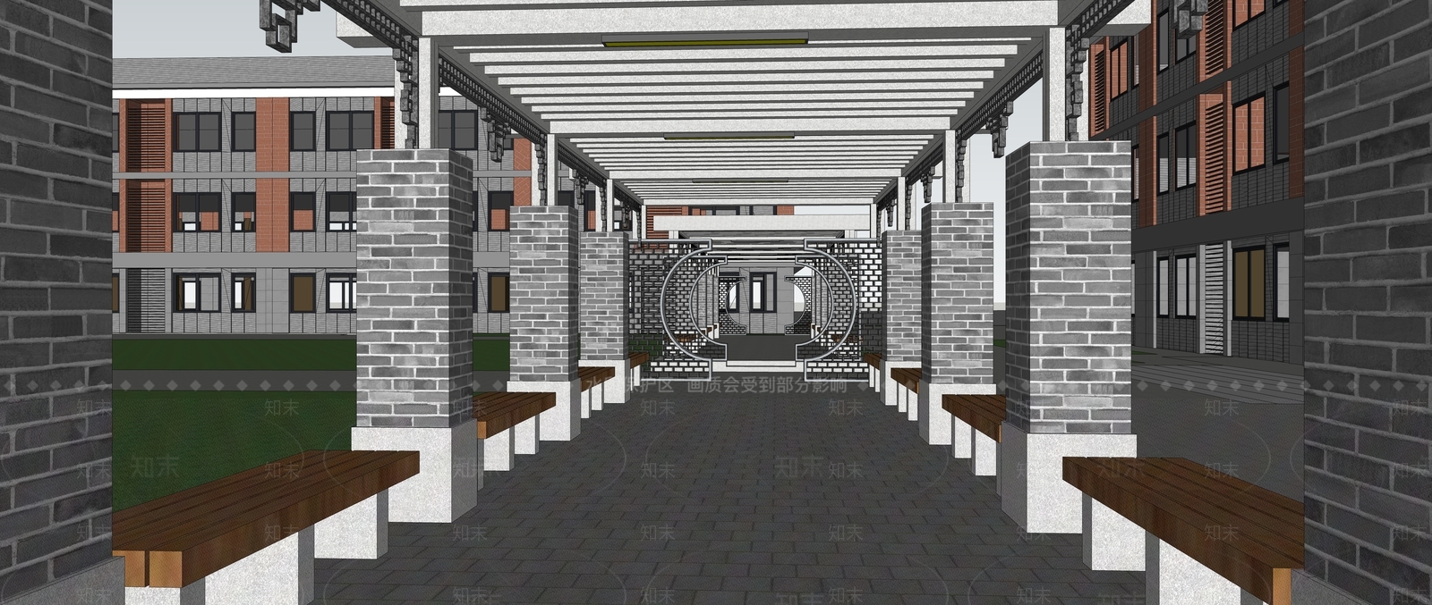 新中式景观廊架空间SU模型下载【ID:1232302373】
