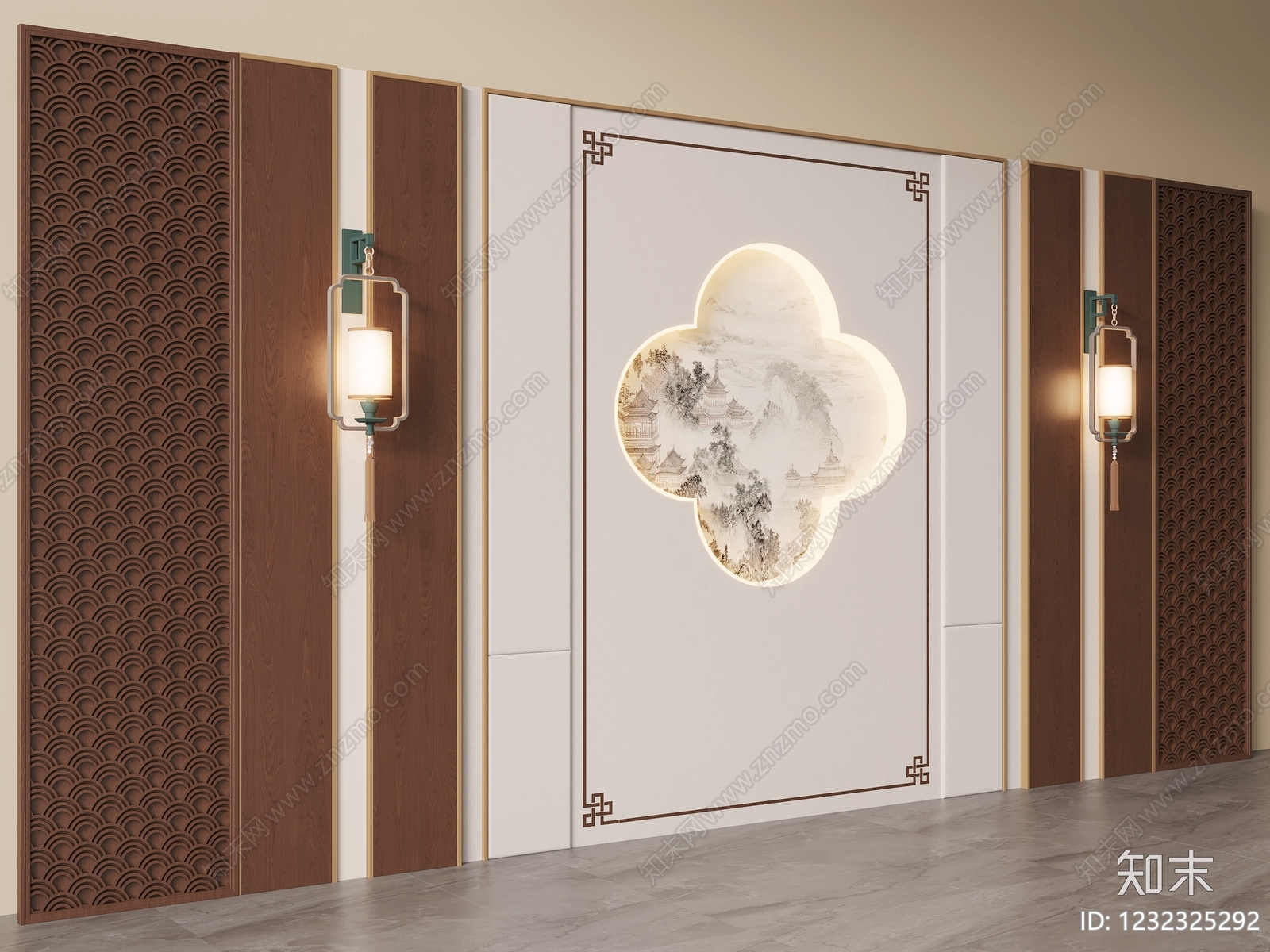 新中式电视背景墙3D模型下载【ID:1232325292】