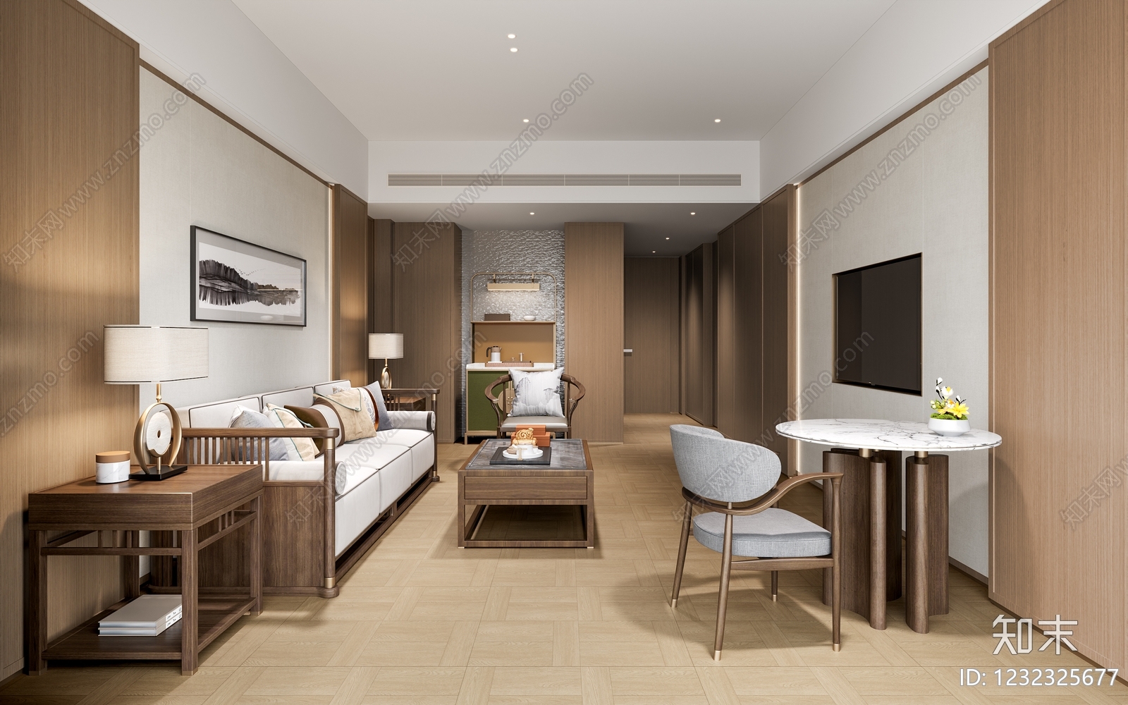 新中式酒店客房3D模型下载【ID:1232325677】