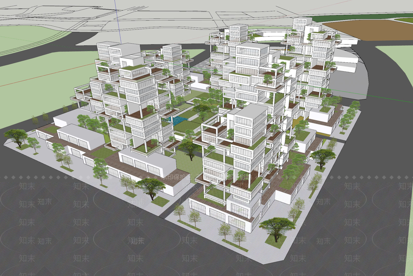 现代主义小区建筑SU模型下载【ID:1232327135】
