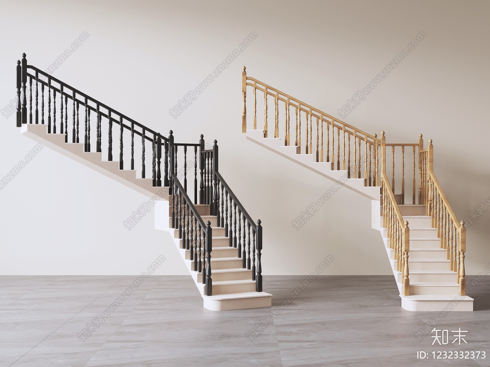 美式三跑楼梯3D模型下载【ID:1232332373】