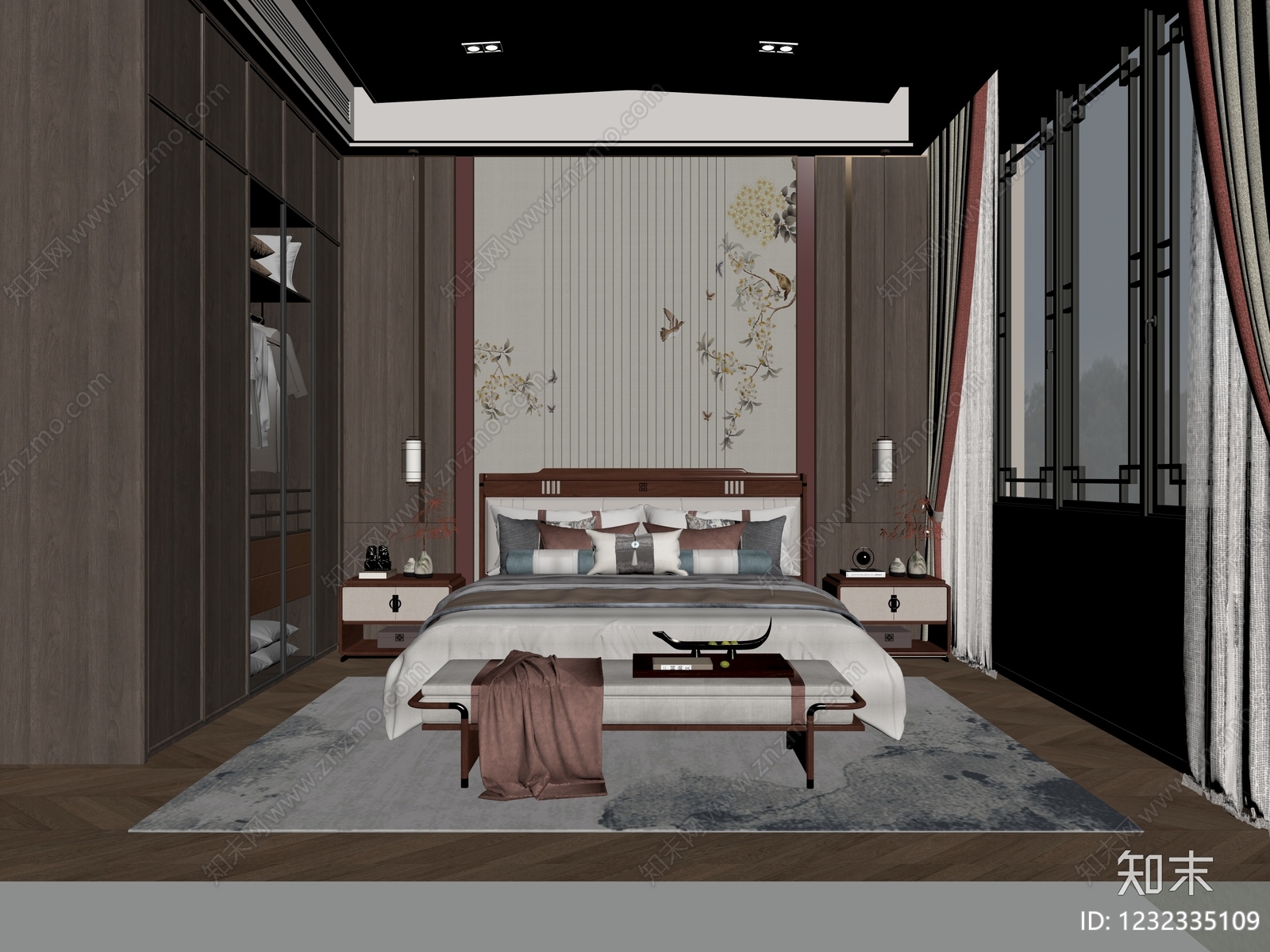 新中式主卧3D模型下载【ID:1232335109】