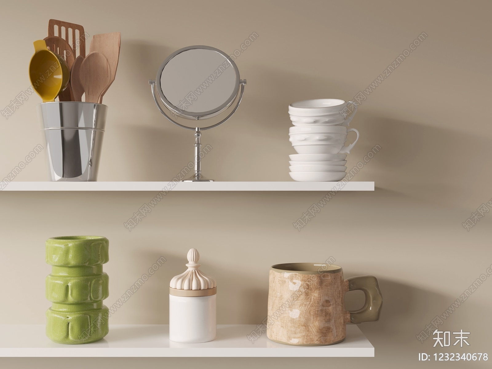 奶油风厨房用品组合SU模型下载【ID:1232340678】