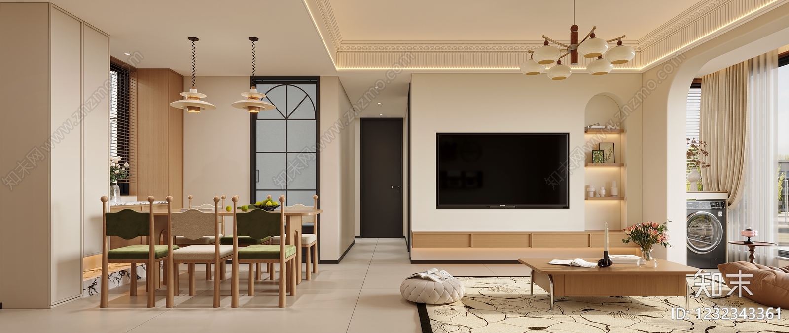 原木风别墅客餐厅3D模型下载【ID:1232343361】