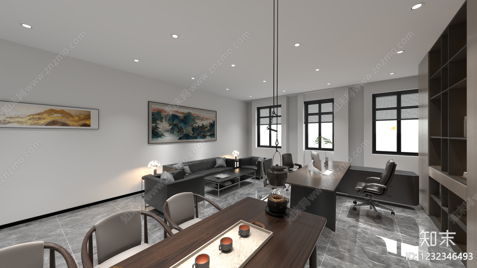 新中式董事长办公室3D模型下载【ID:1232346493】