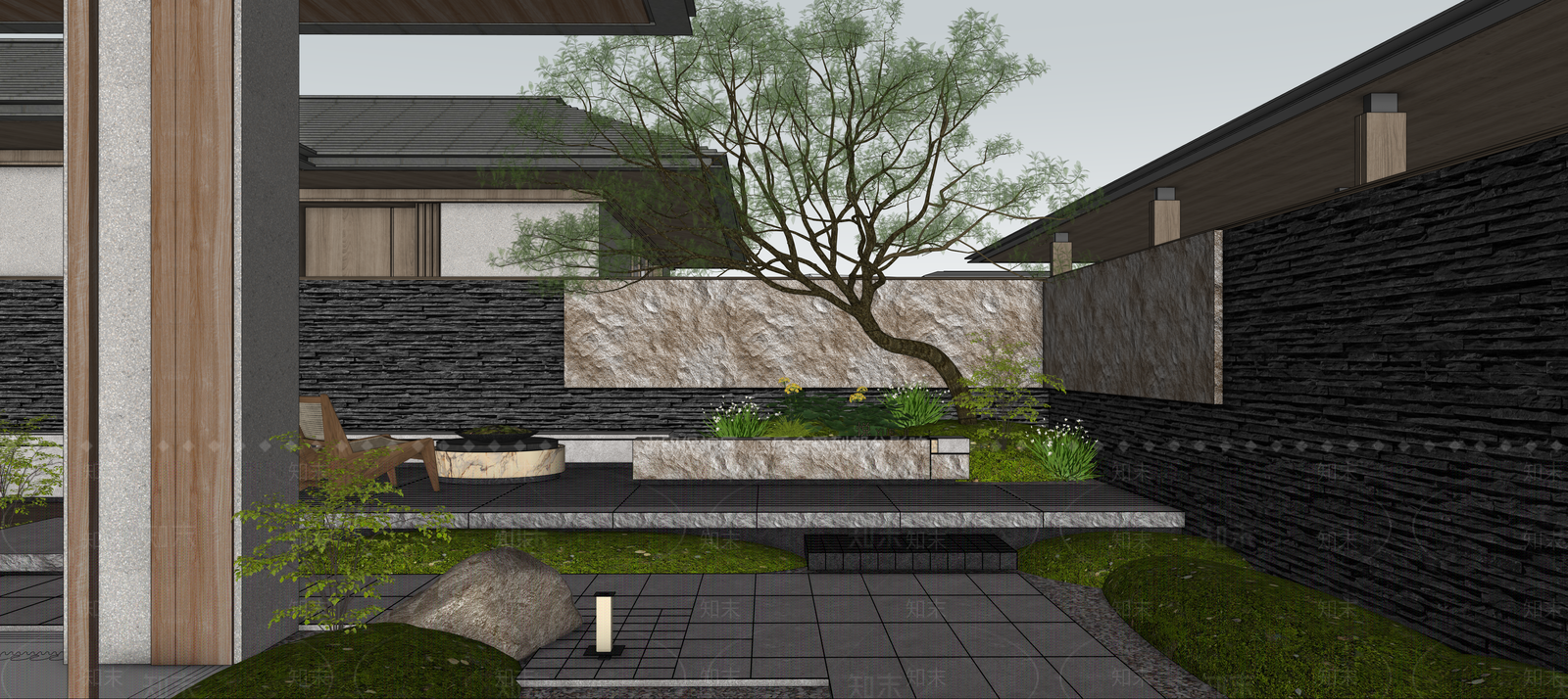 新中式景观别墅庭院SU模型下载【ID:1232351004】