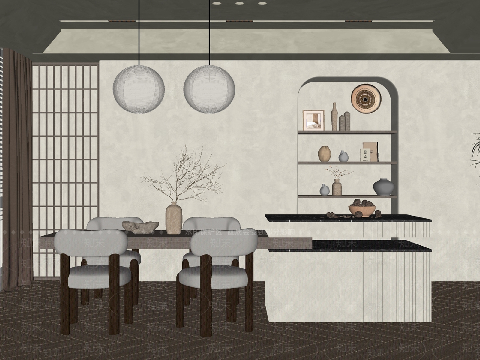 侘寂岛台餐厅SU模型下载【ID:1232352244】