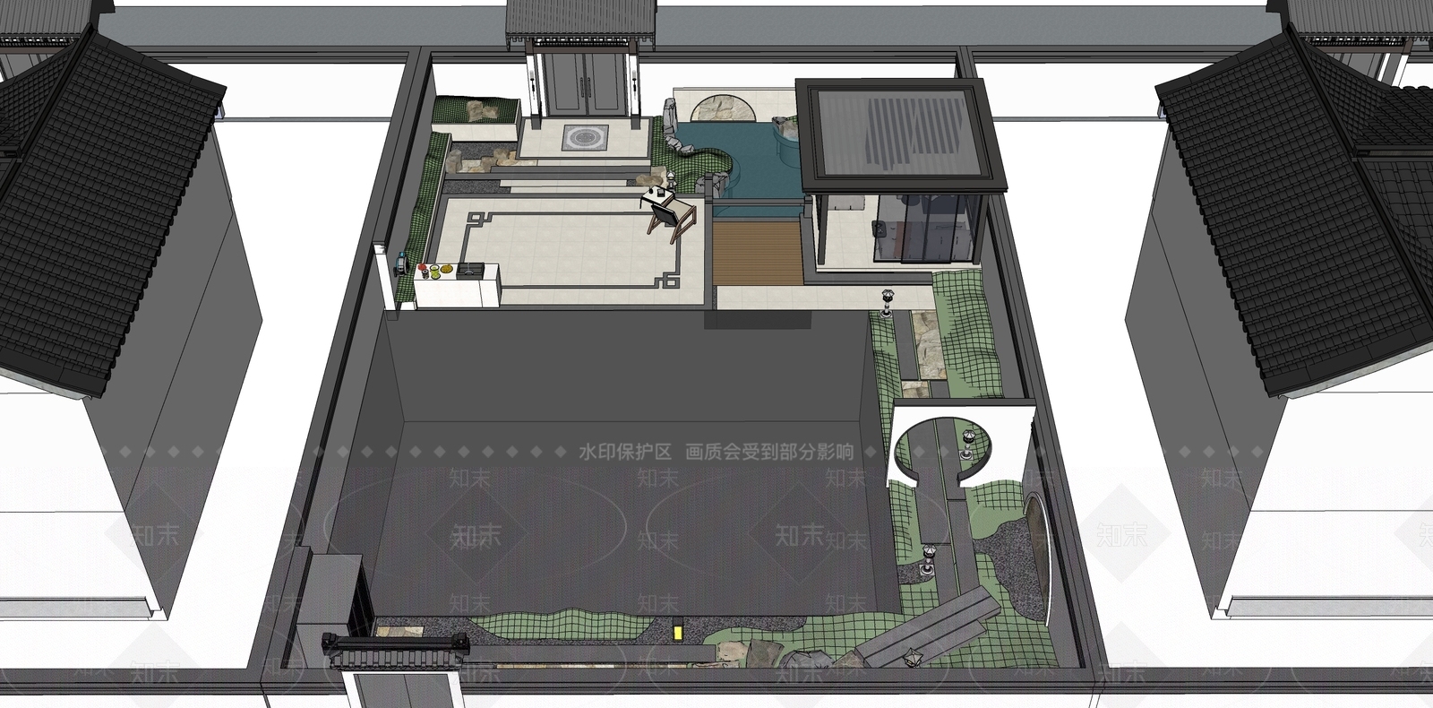 新中式景观别墅庭院SU模型下载【ID:1232358753】