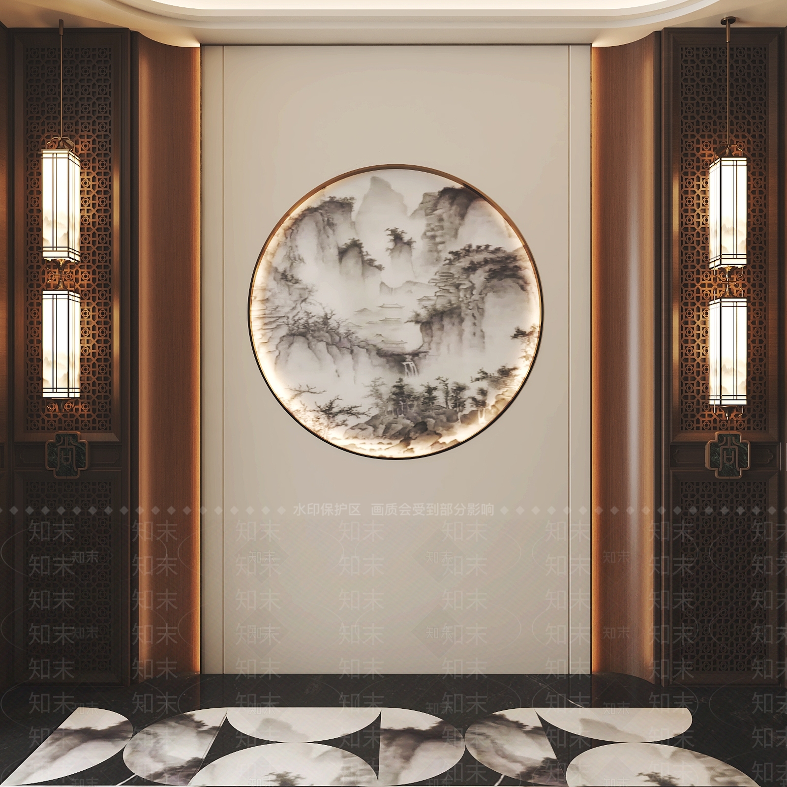 新中式玄关背景墙3D模型下载【ID:1232362438】