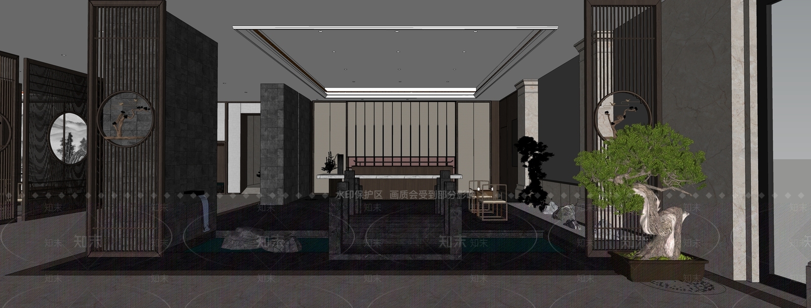 新中式酒店大堂SU模型下载【ID:1232368245】