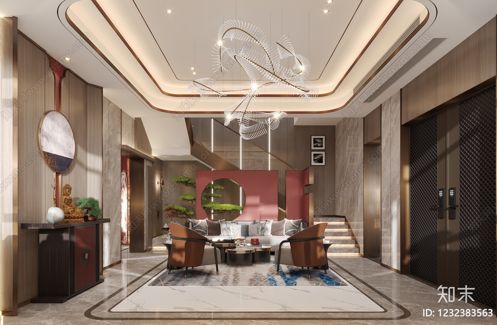 新中式别墅客餐厅3D模型下载【ID:1232383563】