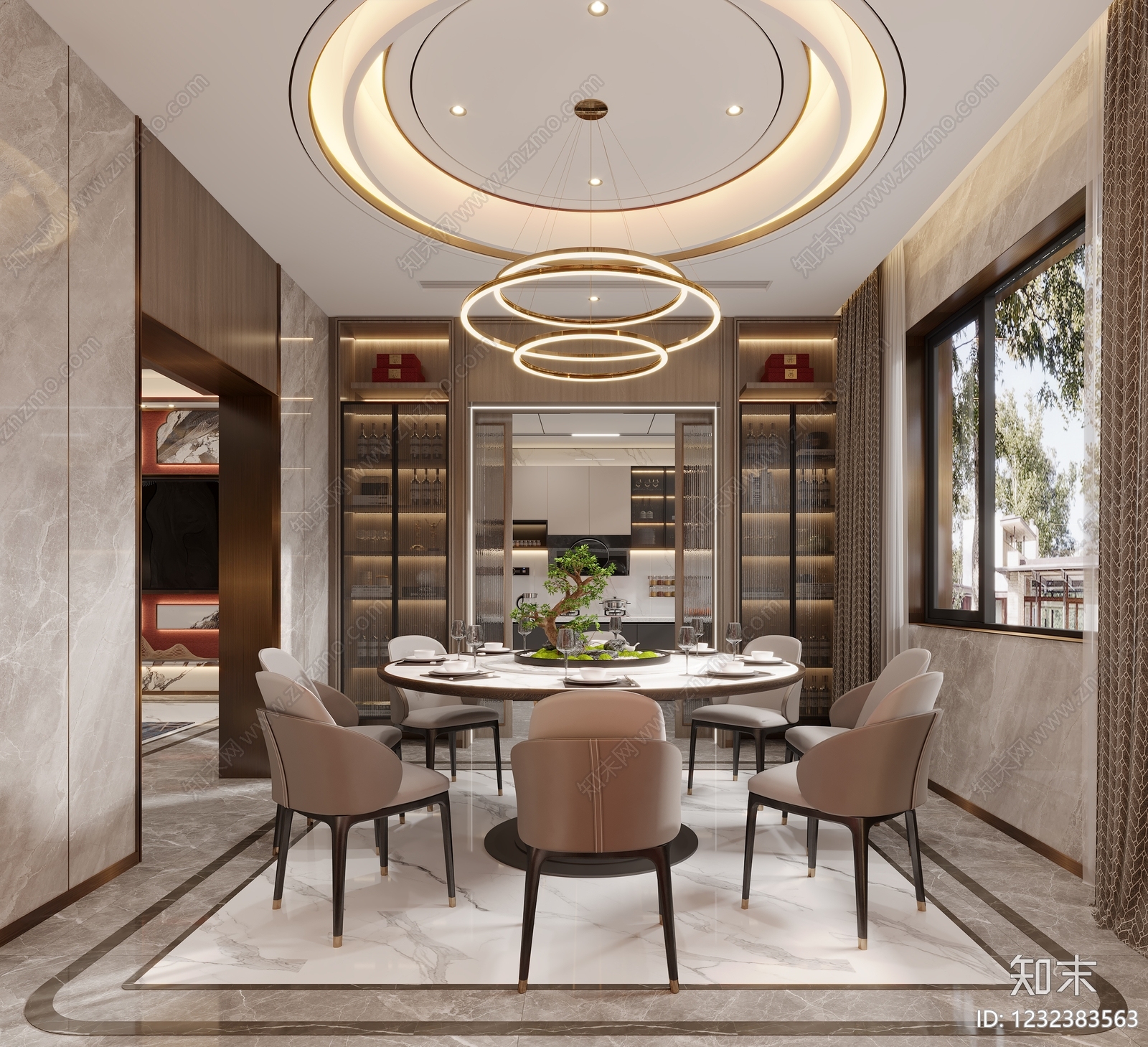 新中式别墅客餐厅3D模型下载【ID:1232383563】