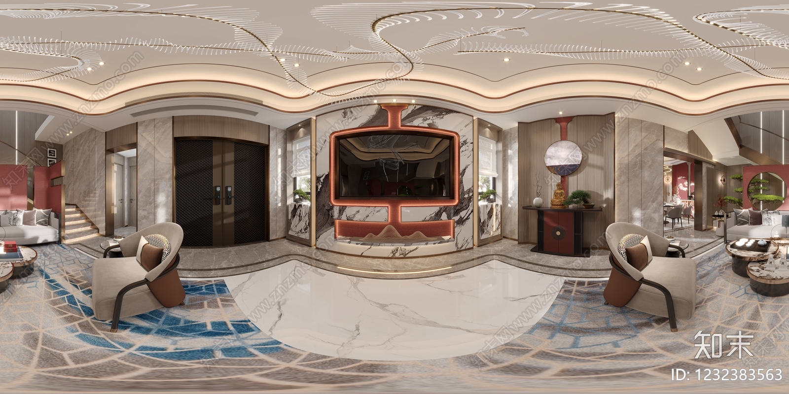 新中式别墅客餐厅3D模型下载【ID:1232383563】