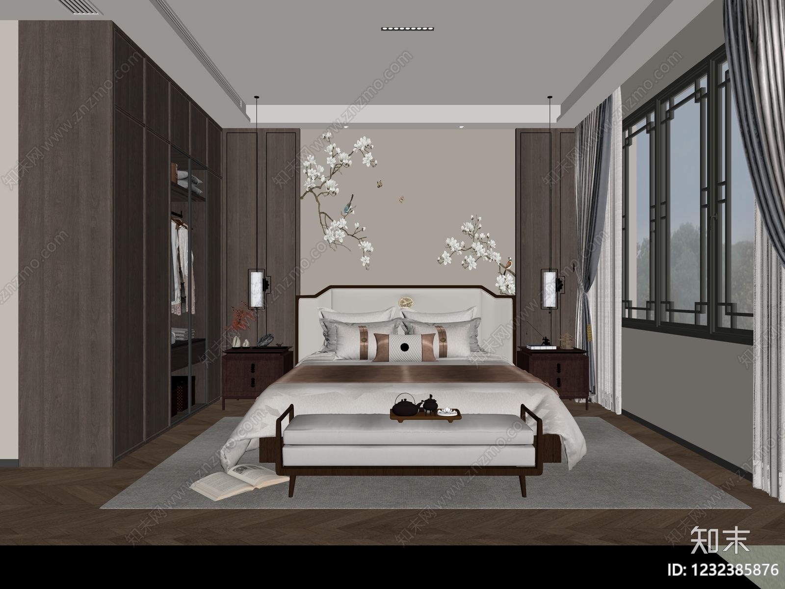 新中式主卧3D模型下载【ID:1232385876】