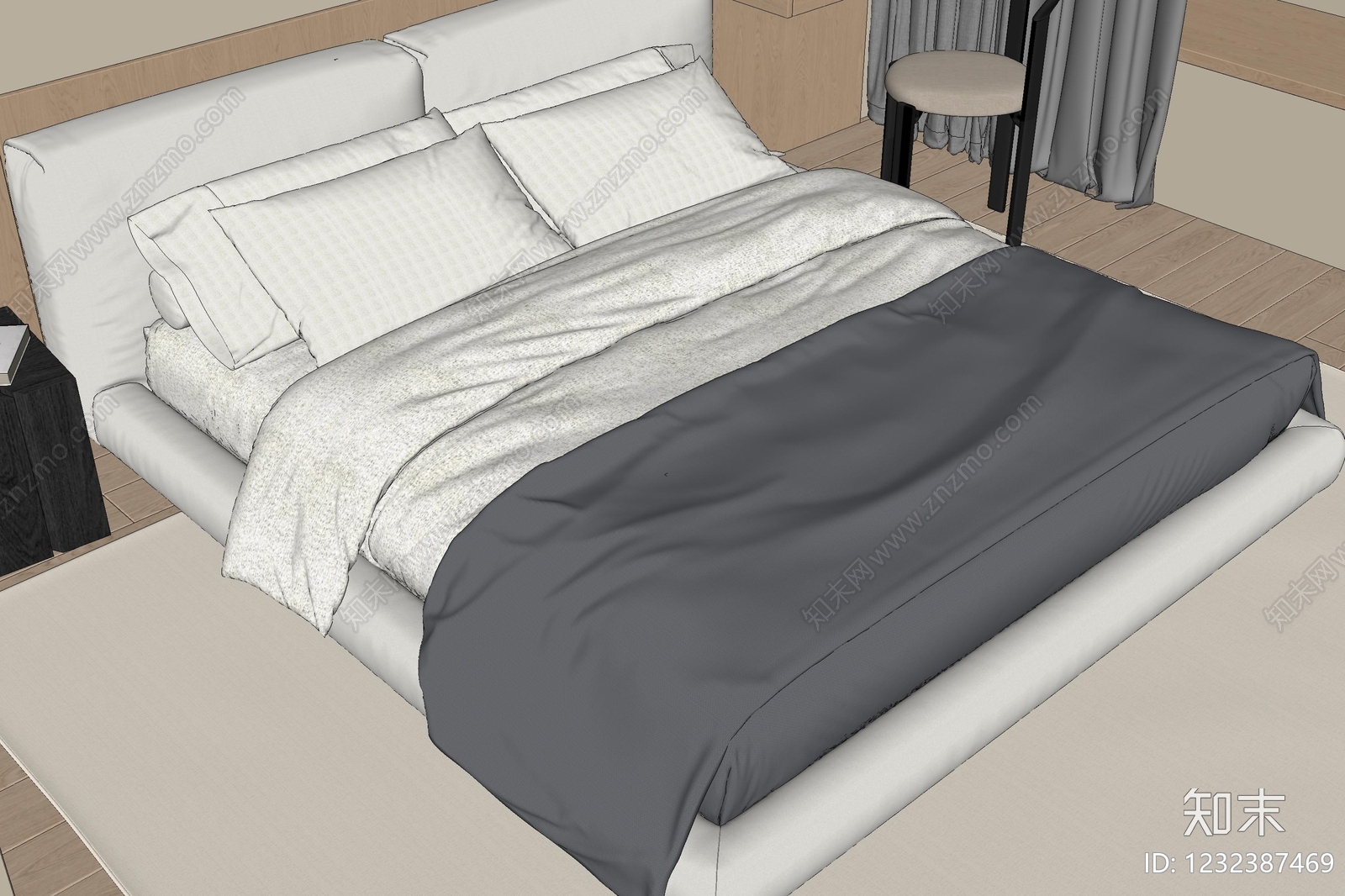 现代简约双人床SU模型下载【ID:1232387469】