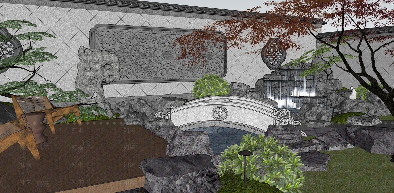 新中式景观别墅庭院SU模型下载【ID:1232390887】