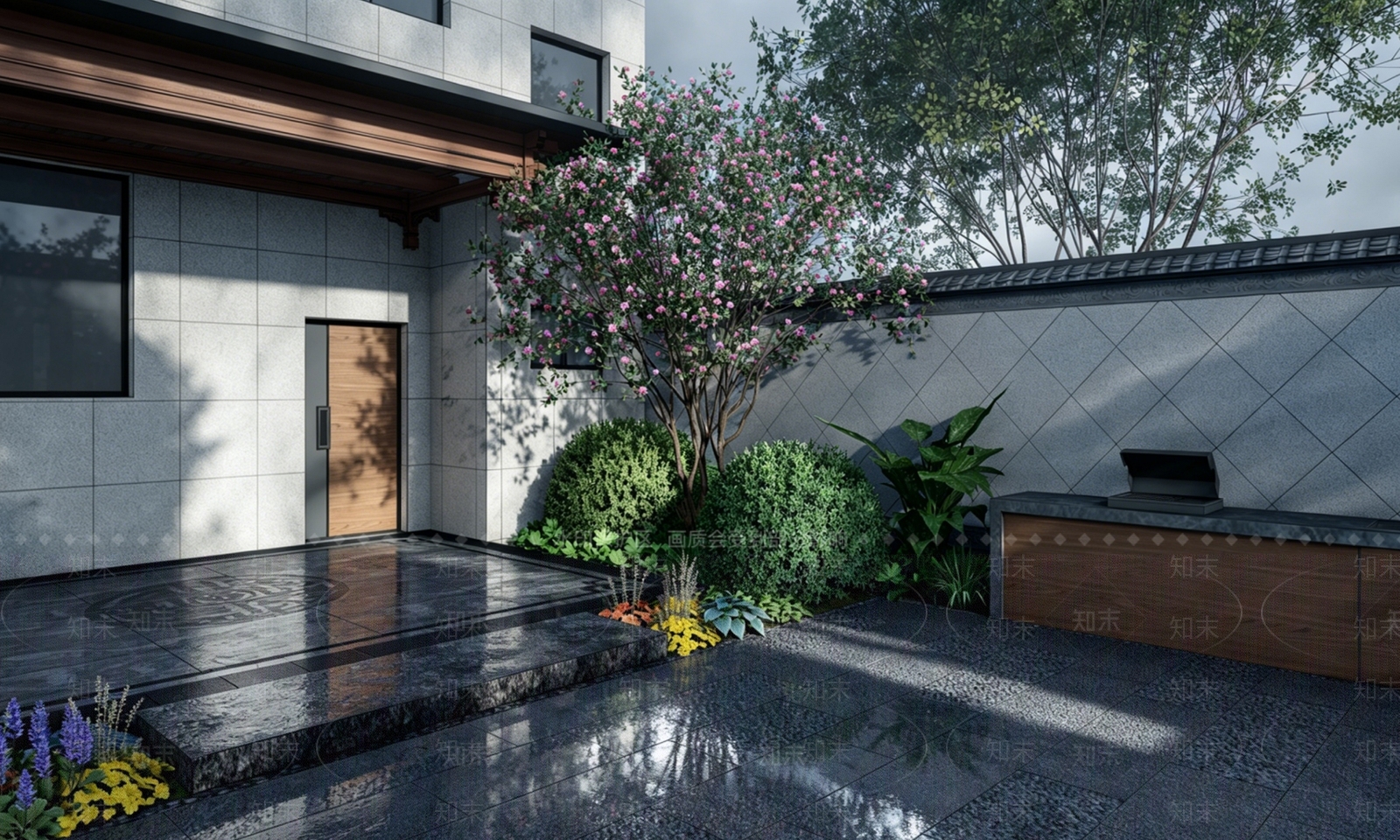 新中式景观别墅庭院SU模型下载【ID:1232390887】