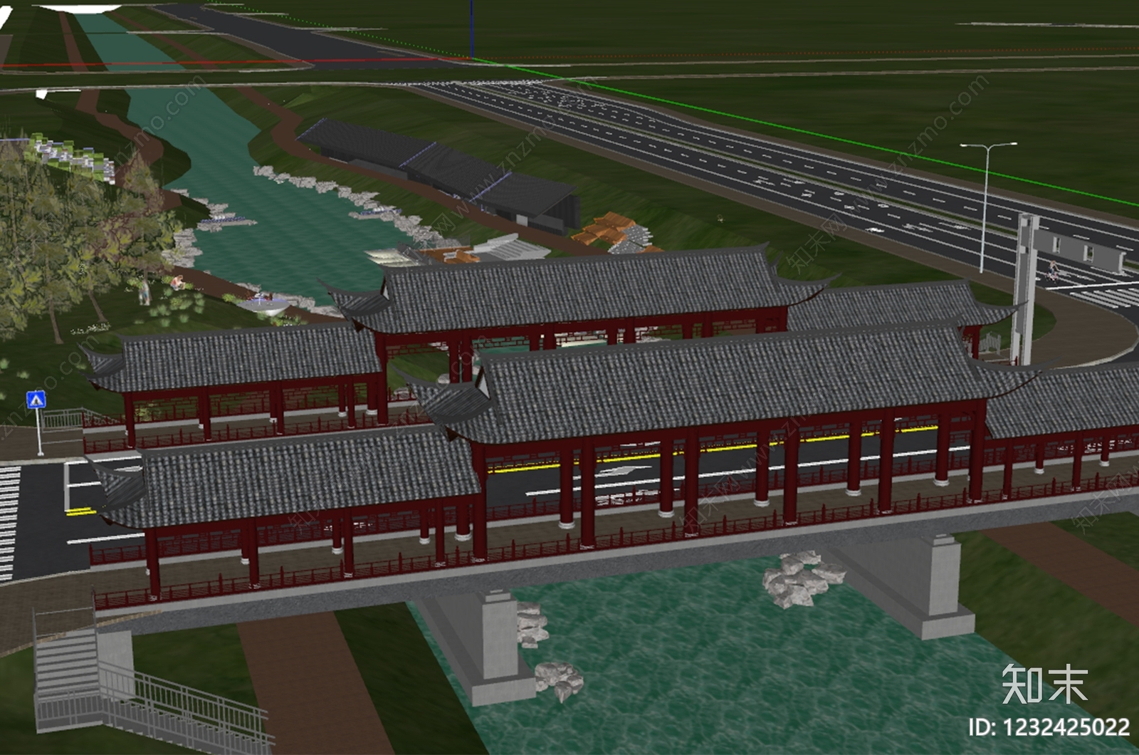 中式古建滨水景观SU模型下载【ID:1232425022】