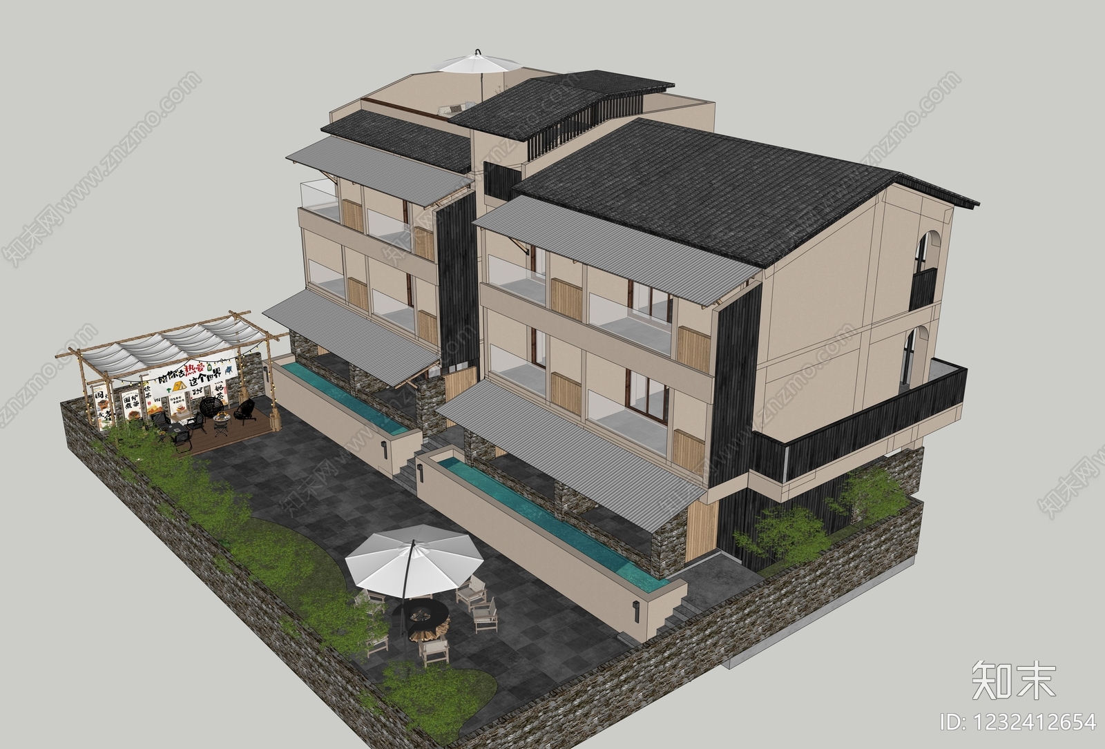新中式景观民宿建筑SU模型下载【ID:1232412654】