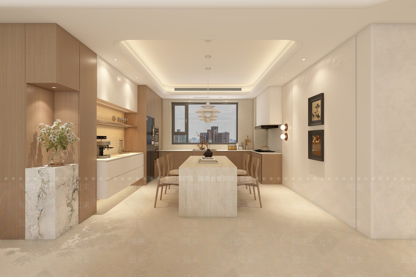 奶油风岛台餐厅3D模型下载【ID:1232415284】