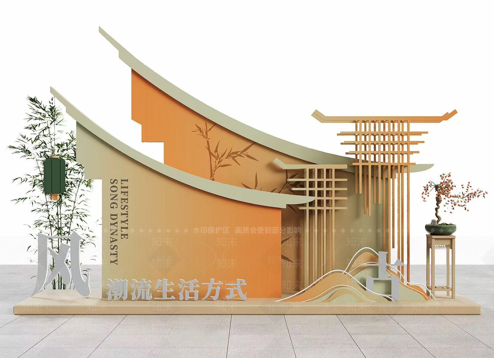 宋式美学打卡墙3D模型下载【ID:1232416352】