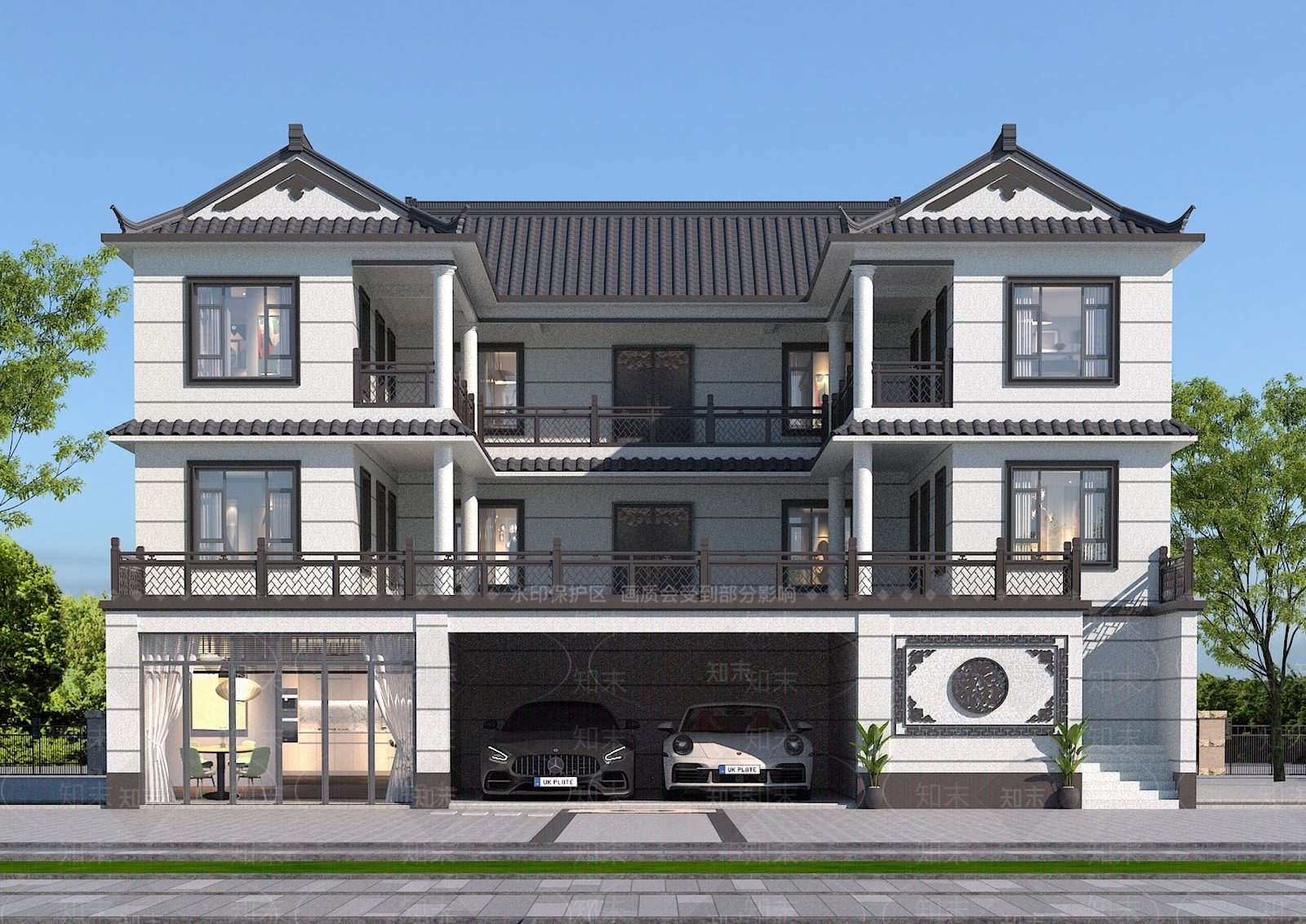 新中式别墅外观3D模型下载【ID:1232417894】