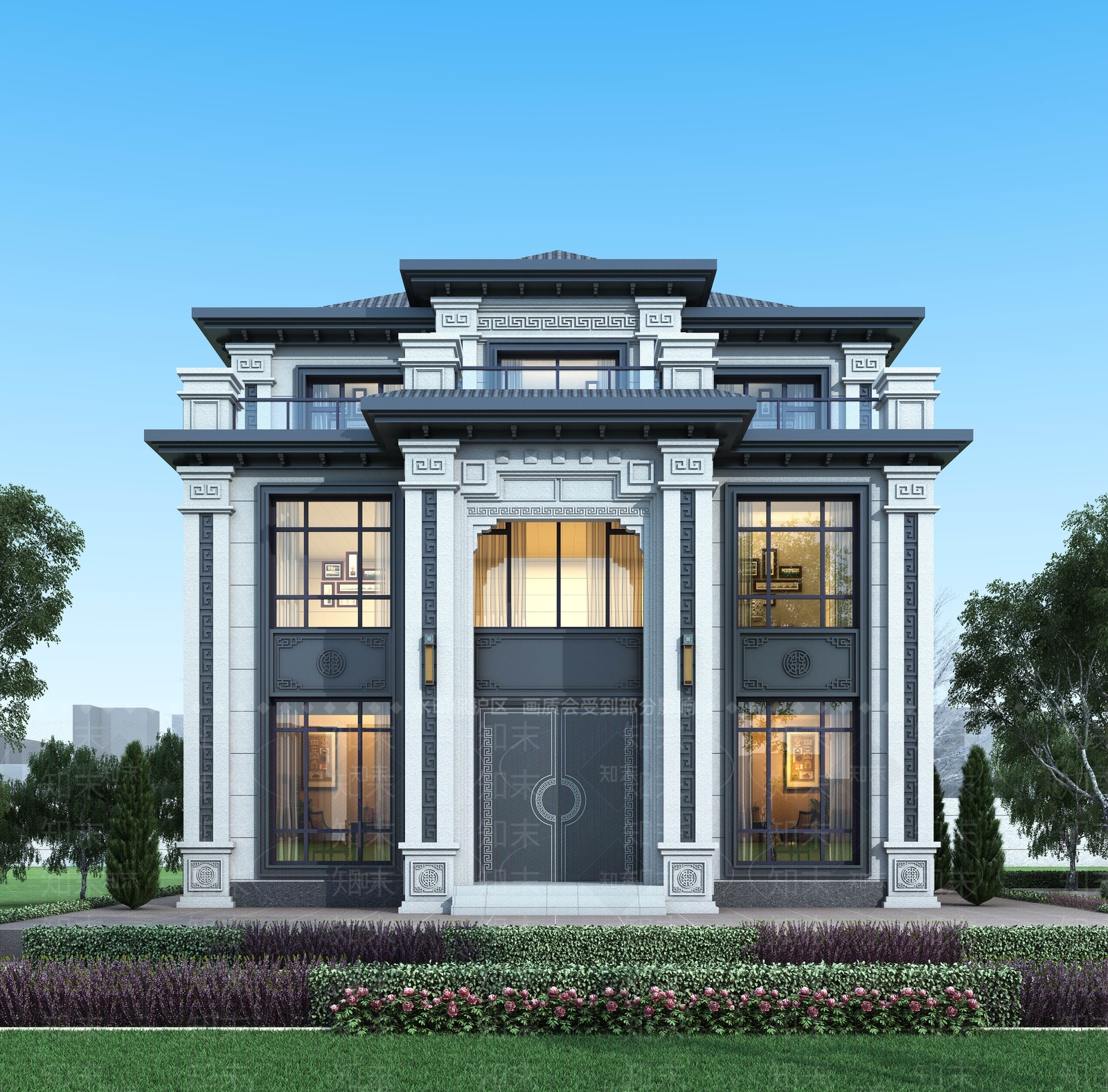 新中式别墅外观3D模型下载【ID:1232419692】
