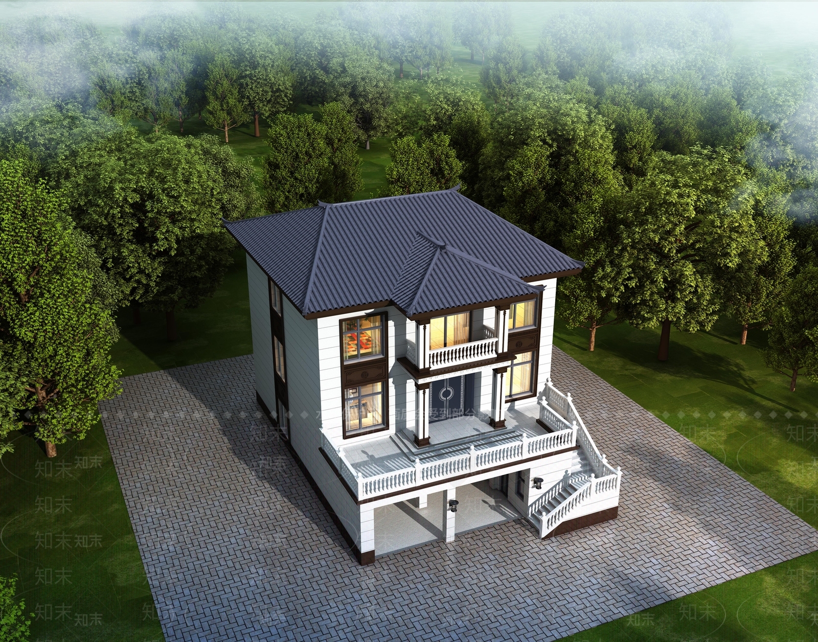 新中式别墅外观3D模型下载【ID:1232422007】