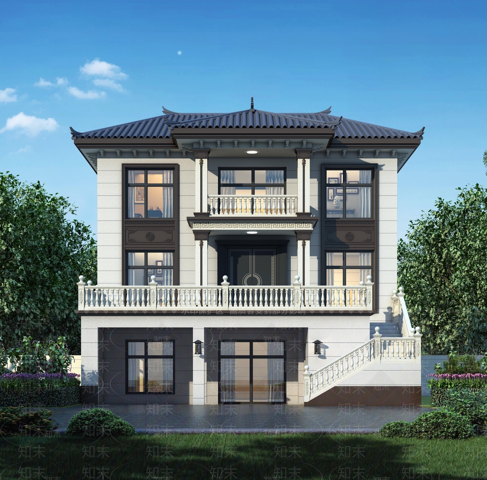 新中式别墅外观3D模型下载【ID:1232422007】