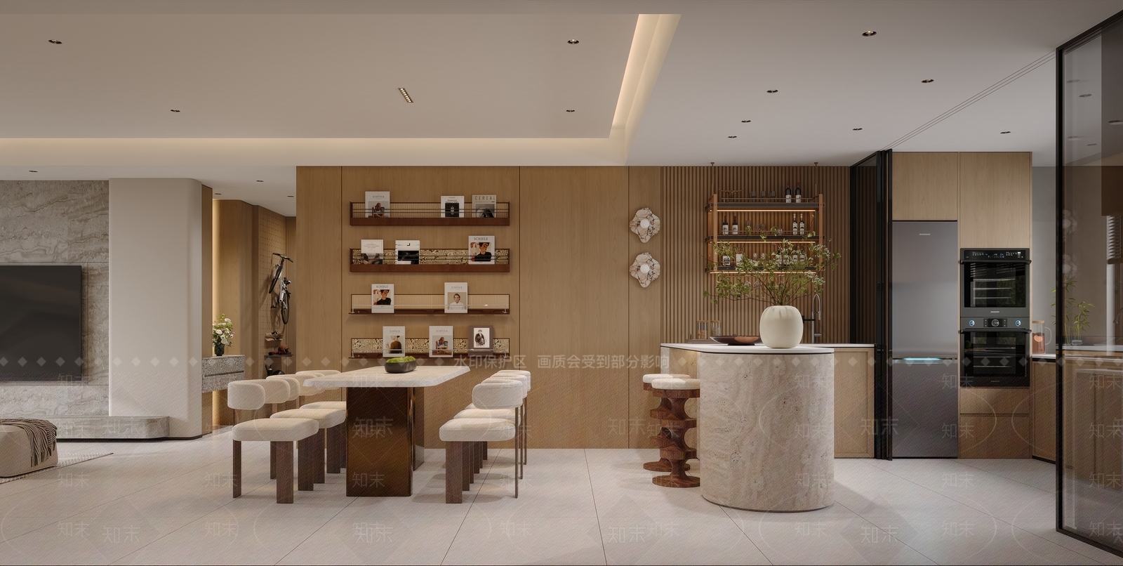 原木风大平层客餐厅3D模型下载【ID:1232425670】