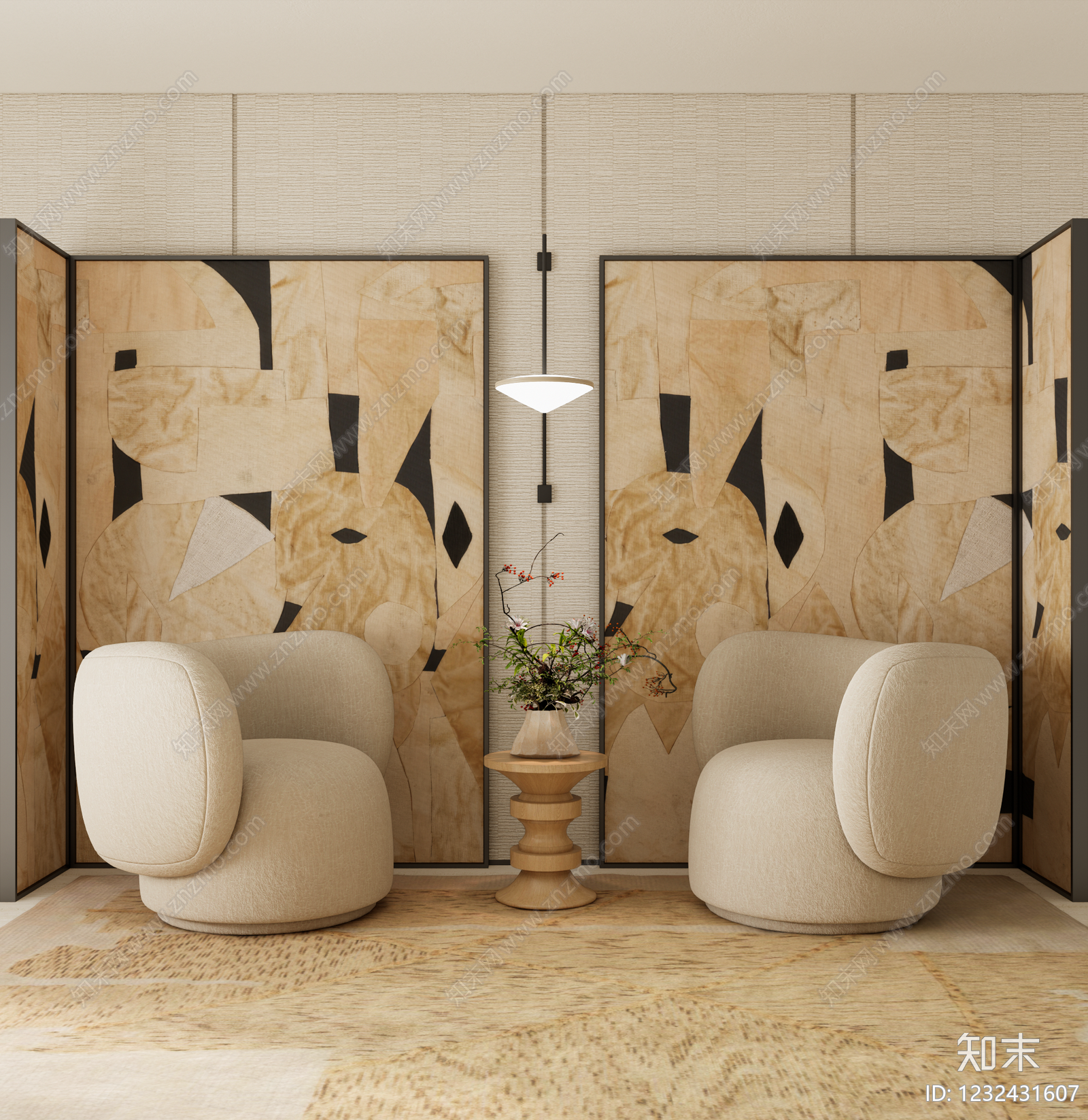 奶油风家居客厅SU模型下载【ID:1232431607】